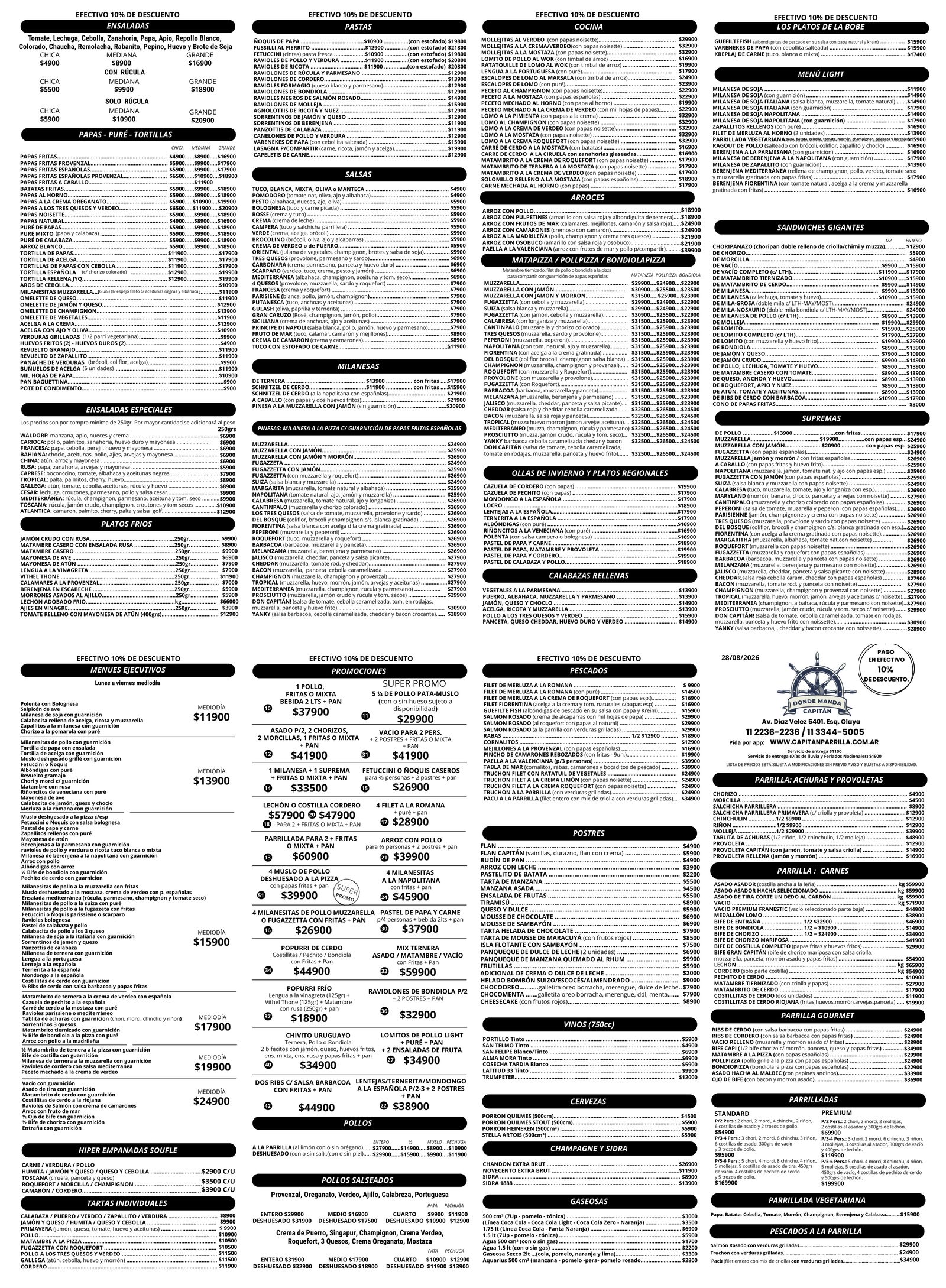 Menú delivery completo: entradas, pastas, milanesas, cocina, menúes ejecutivos, promociones, parrilla, pescados y bebidas